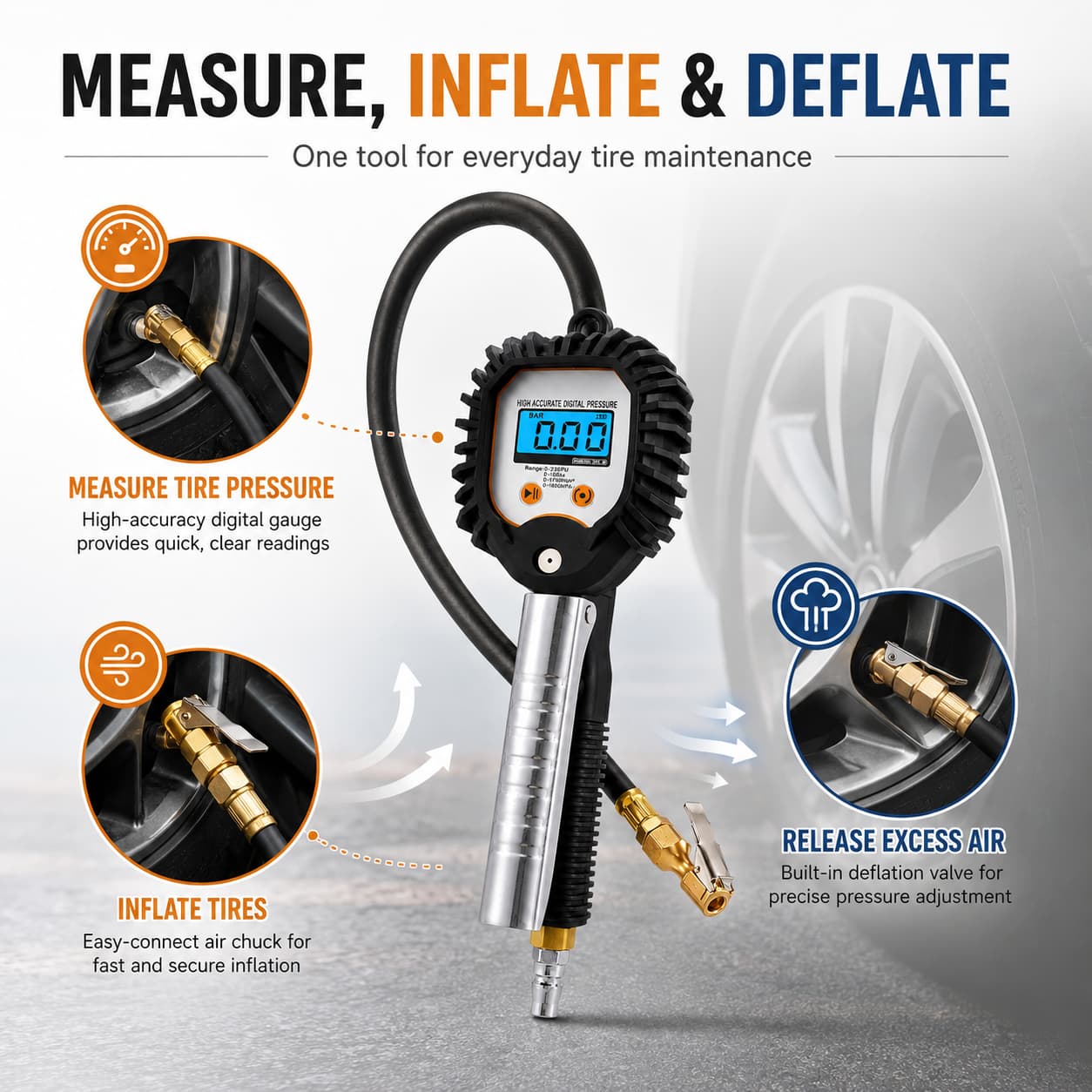 SEAPENG BW-001 Digital Tire Inflator Gauge, 0.3-255 PSI - Image 3
