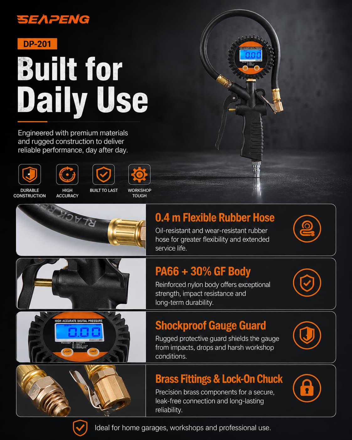 SEAPENG DP-201 Digital Tire Pressure Gauge, 5-100 PSI - Image 14