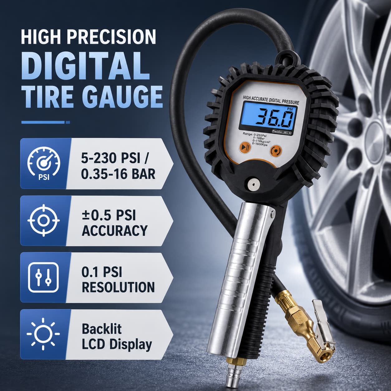 SEAPENG BW-001 Digital Tire Inflator Gauge, 0.3-255 PSI - Image 2