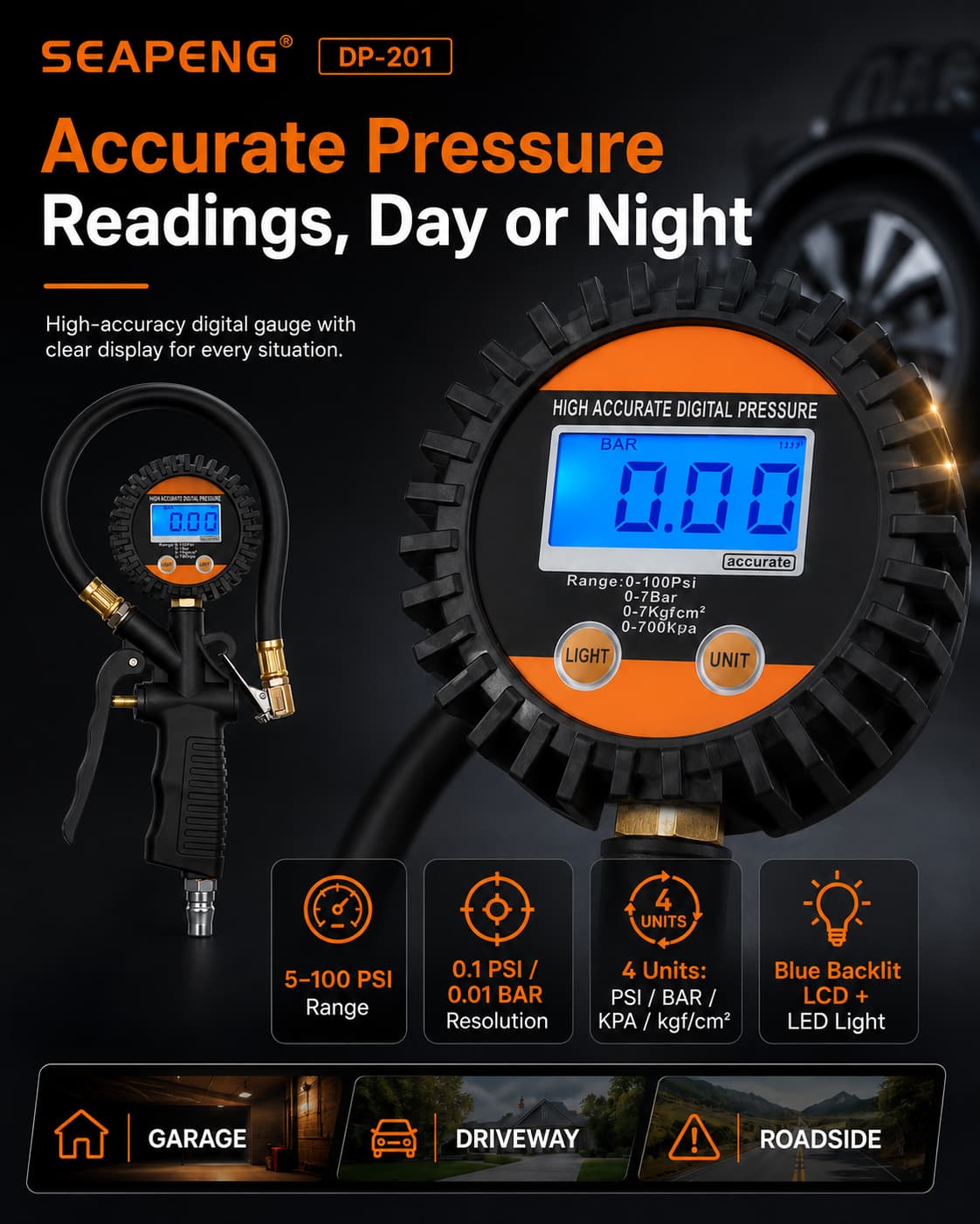 SEAPENG DP-201 Digital Tire Pressure Gauge, 5-100 PSI - Image 11