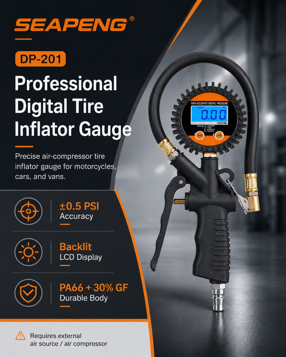 SEAPENG DP-201 Digital Tire Pressure Gauge, 5-100 PSI - Image 12